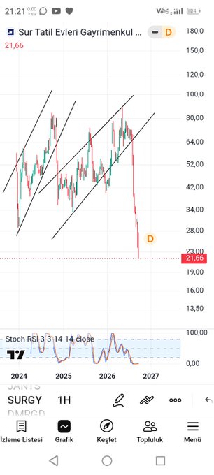 A stock chart for 'Sur Tatil Evleri Gayrimenkul' (SURGY) showing a sharp price decline with a 'D' marker indicating strong sell signal and RSI at 13.