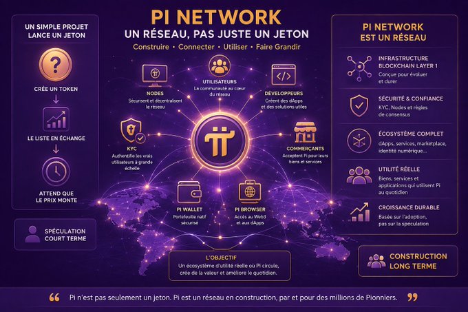 A purple infographic titled 'PI NETWORK - UN RÉSEAU, PAS JUSTE UN JETON' explaining its blockchain ecosystem (Nodes, KYC, Utilisateurs, Développeurs, Commerçants, Pi Wallet, Pi Browser) in French.