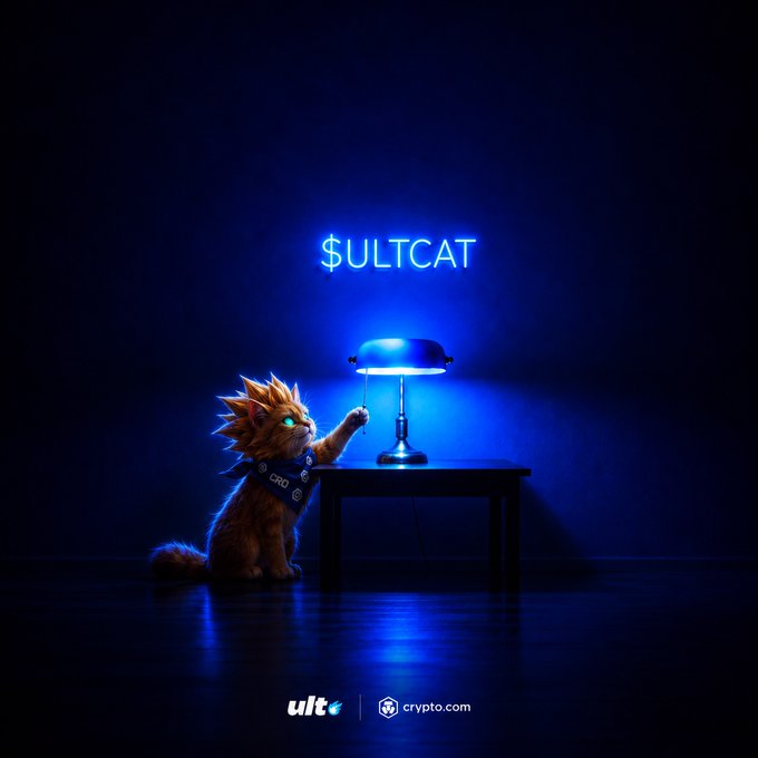 A promotional image featuring an orange cat wearing a spiked collar with 'CRO' tag, reaching toward a lamp under a blue neon sign reading '$ULTCAT', with 'ult' and 'crypto.com' logos below.