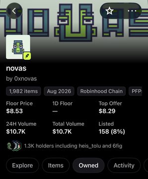 An NFT collection profile page for 'novas' by 0xnovas on the Robinhood Chain, showing 1,982 items with a floor price of $8.53, 24H volume of $10.7K, and 1.3K holders.