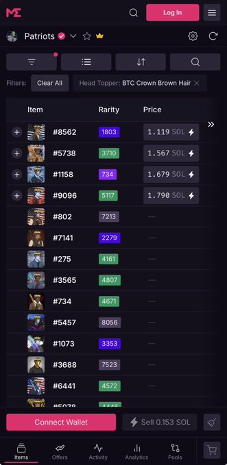 A mobile NFT marketplace screen showing a "Patriots" collection filtered by "BTC Crown Brown Hair," with the top four items listed at prices ranging from 1.119 SOL to 1.790 SOL and rarities between #734 and #7213. The image matches the post by displaying the Patriots NFT collection on what appears to be the Magic Eden marketplace, highlighting specific traits like the "BTC Crown Brown Hair" filter the user mentioned.