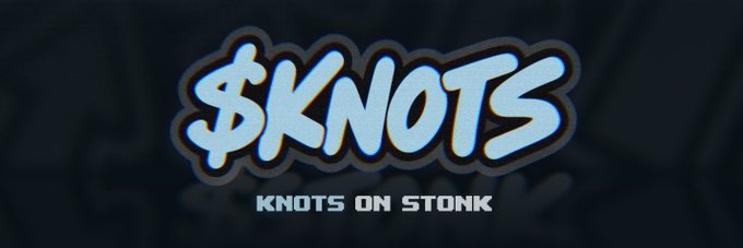 A stylized "$KNOTS" logo with the tagline "KNOTS ON STONK" appears in graffiti-like bubble letters with a chromatic glitch effect on a dark background, visually representing the $KNOTS token referenced in the promotional post as the reversed counterpart to $STONK.