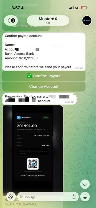 A Telegram conversation with MustardX bot shows a confirmed payout of ₦201,991.00 to an Access Bank account, demonstrating the bot's swift crypto-to-naira conversion service highlighted in the post.