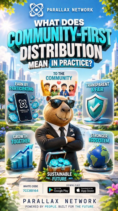 A promotional graphic for Parallax Network featuring a capybara in a suit, with the text 'WHAT DOES COMMUNITY-FIRST DISTRIBUTION MEAN IN PRACTICE?' and sections labeled 'EARN BY PARTICIPATING,' 'TO THE COMMUNITY,' 'TRANSPARENT & FAIR,' 'GROWTH TOGETHER,' 'STRONGER ECOSYSTEM,' and 'SUSTAINABLE FUTURE.' An invite code '7CC8B164' and Google Play/App Store download links are visible at the bottom.