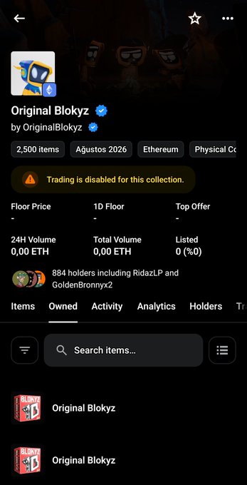 A screenshot of the OpenSea NFT collection page for "Original Blokyz" by OriginalBlokyz, showing 2,500 items on Ethereum with trading disabled and 884 holders including RidazLP and GoldenBronnyx2. The image supports the post by showing the official collection page where participants in the presale can verify their purchased Blokyz NFTs in their wallets.