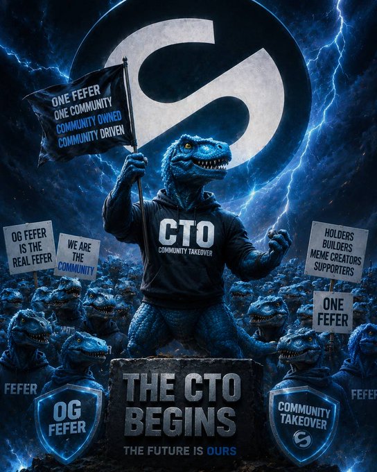 A roaring dinosaur-mascot in a "CTO Community Takeover" hoodie stands atop a crowd of similar creatures holding flags reading "One FEFER, One Community, Community Owned, Community Driven" and signs proclaiming "We Are The Community," "OG FEFER Is The Real FEFER," and "Holders, Builders, Meme Creators, Supporters." Below the banner "The CTO Begins — The Future Is Ours," the dramatic $FEFER-branded artwork visualizes the post's announcement of a community-led takeover following the token's launch on the Stable blockchain.