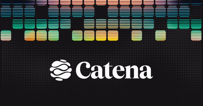 The image features a logo for "Catena" with a stylized globe icon, set against a dark background topped with colorful, bar-graph-like horizontal lines in green, orange, and blue hues. This visually represents Catena's launch on Arc, symbolizing the platform's financial and data-driven capabilities for AI-operated businesses and their agents.