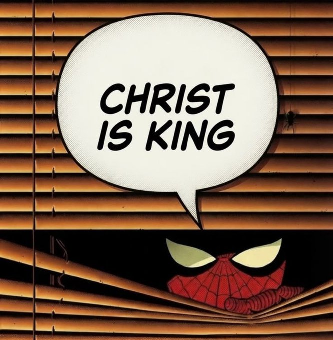 A comic‑style panel shows a masked figure peeking through blinds with a speech bubble proclaiming “CHRIST IS KING,” underscoring the post’s reminder that, unlike the many “kings” of Web3, there is only one true King of Kings.