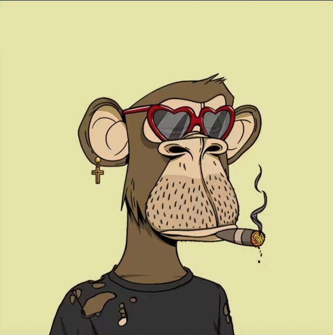 A cartoon illustration of a monkey character wearing heart-shaped sunglasses and a cross earring, smoking a cigar against a pale yellow background.