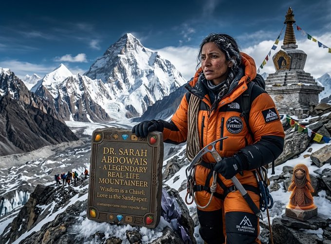 A female mountaineer in an orange 'EVEREST' expedition suit stands before a snowy peak, holding a plaque reading 'DR. SARAH ABDOWAIS - A LEGENDARY REAL-LIFE MOUNTAINEER'.