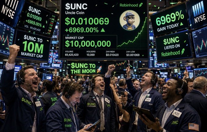 A dramatic, chaotic image showing traders celebrating on a stock exchange floor, with screens displaying '$UNC Uncle Coin' skyrocketing to a market cap of $10,000,000 with a +6969.00% gain, claiming it is listed on Robinhood.