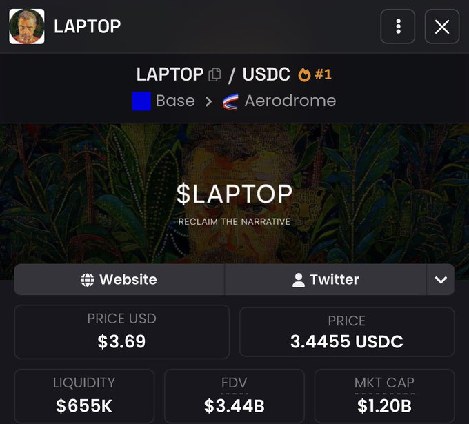 A cryptocurrency token page for 'LAPTOP' on Aerodrome (Base network), priced at $3.69 or 3.4455 USDC, with the tagline 'RECLAIM THE NARRATIVE', $655K liquidity, a $3.44B FDV, and a $1.20B market cap.