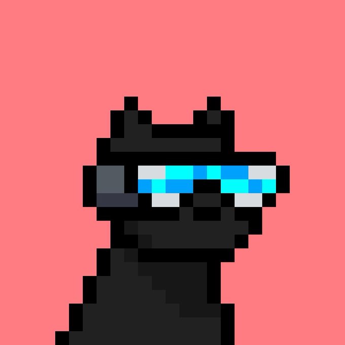Pixel art illustration of a black cat character wearing cyan/blue pixelated sunglasses against a salmon-pink background.