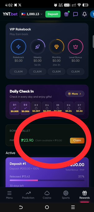 Screenshot of the YNT.bet mobile app showing a 'VIP Rakeback' section and a 'Daily Check-in' area, with a large red circle highlighting a wallet bonus of '₹23.90' and a 'Claim' button.