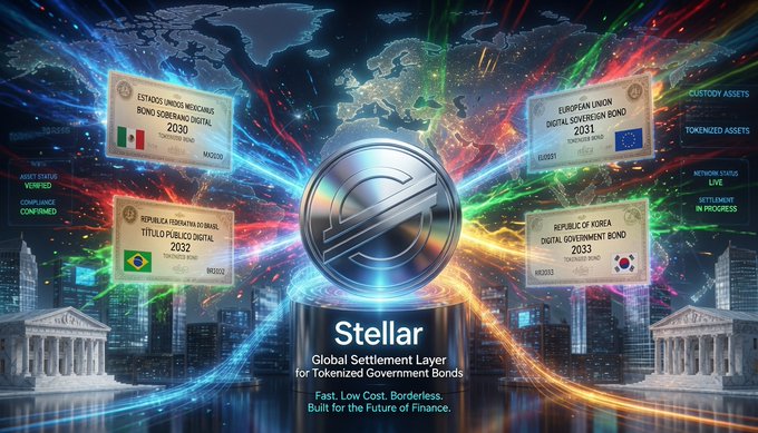 The image showcases Stellar as a "Global Settlement Layer for Tokenized Government Bonds," featuring digital bonds from Mexico (2029/2030), the European Union (2031), Brazil (2032), and South Korea (2033) displayed against a world map backdrop with city skylines, directly illustrating the post's theme of government bonds moving on-chain through blockchain infrastructure.

Key visible text includes: "Stellar," "Global Settlement Layer for Tokenized Government Bonds," "Fast. Low Cost. Borderless. Built for the Future of Finance," and bond labels such as "ESTADOS UNIDOS MEXICANOS BONO SOBERANO DIGITAL 2030," "EUROPEAN UNION DIGITAL SOVEREIGN BOND 2031," "REPUBLICA FEDERATIVA DO BRASIL TITULO PUBLICO DIGITAL 2032," and "REPUBLIC OF KOREA DIGITAL GOVERNMENT BOND 2033."