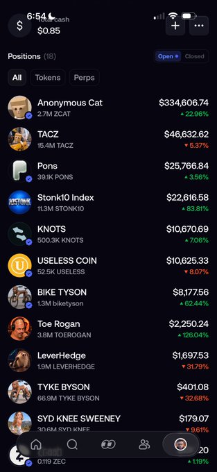 A mobile crypto portfolio app showing positions including ZCAT at $334,606.74 (+22.96%), TACZ at $46,632.62 (-5.37%), PONS, STONK10, KNOTS, USELESS, biketyson, Toe Rogan, LEVERHEDGE, TYKE BYSON, and SYD KNEE SWEENEY.