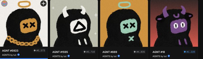Four NFT character cards from the 'AGNTS by tut' collection with varying prices (5,673, 3,716, 4,895, and 1,226), showing hooded figures with X-eyes and different colored halos.
