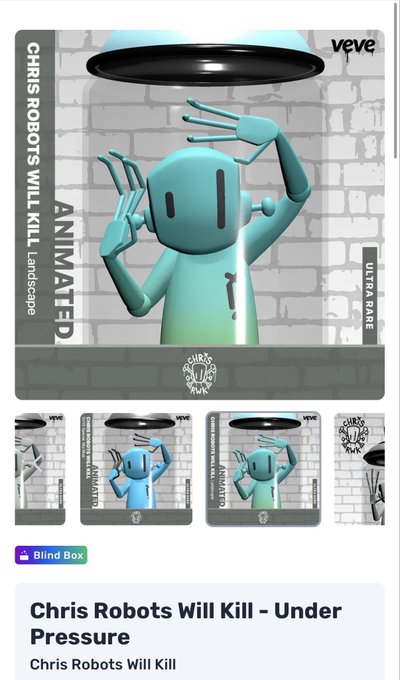 A screenshot of a Veve digital collectible marketplace page displaying 'Chris Robots Will Kill – Under Pressure', an animated ultra-rare collectible available as a Blind Box.
