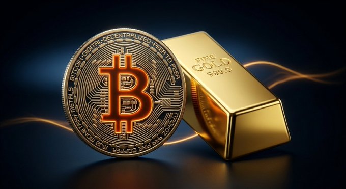The image features an unusual combination of Bitcoin (a digital currency) and a golden bar. The Bitcoin coin has an orange hue with black stripes that resemble flames, while the golden bar is shiny and yellow, giving it a striking contrast against the dark background. The Bitcoin logo, featuring the numbers "6," appears on both objects, symbolizing their connection to the cryptocurrency market. The post suggests that there is a high correlation between Bitcoin and gold over the past week, with Bitcoin's value rising by 1.27% in 24 hours while the golden bar remains constant at $2.21 trillion. This rarity of such a strong relationship is noteworthy and intriguing.
