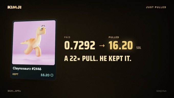 A Kimji pull notification shows a "Claynosaurz #2446" with a paid price of 0.7292 SOL being pulled at 16.20 SOL, labeled "A 22× PULL. HE KEPT IT." This visually matches the post celebrating a 0.72 SOL investment that flipped into a 16.20 SOL return, with "KEPT" displayed confirming the holder held onto the win.