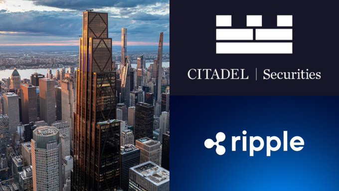 The image is split into two halves: on the left is an aerial view of a city skyline featuring a prominent skyscraper at sunset, and on the right are two logos—the Citadel Securities logo at the top and the Ripple logo at the bottom—visually representing the headline that Citadel has made a $500,000,000 investment in Ripple.