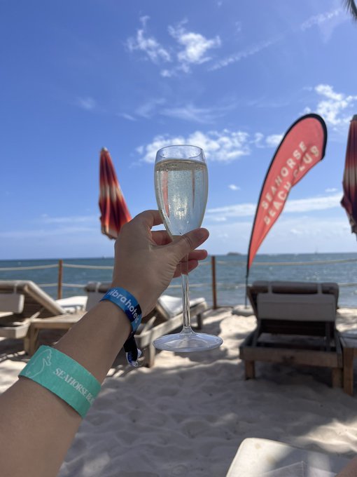 A hand holding up a glass of champagne on a sandy beach with ocean and sky in the background, wearing two wristbands and framed by a 'Sea Horse Beach Club' flag.