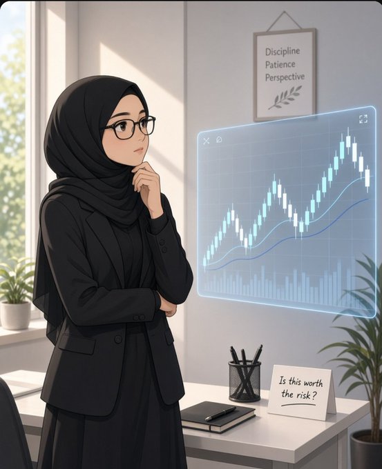 An illustration of a woman wearing a black hijab and glasses, thoughtfully looking at a holographic trading chart displaying a 'Discipline Patience Perspective' poster and a note saying 'Is this worth the risk?'.
