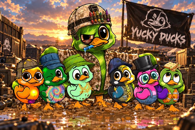 A cartoon image featuring a group of seven colorful duck characters, with the central green duck wearing a military helmet, set against a wasteland backdrop with a "YUCKY DUCKS" pirate flag.
