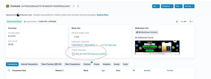 A screenshot of an Etherscan blockchain page showing details for a smart contract, with text including 'Contract', '0x7930262803e037515F4d00951f0285fD03a32921', 'ETH BALANCE 0', and a circled token 'ERC-20 FAST SP Ethereum (FAST)'.