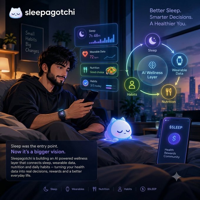 A promotional graphic for 'sleepagotchi' featuring a man using a smartphone in bed alongside a virtual cat, promoting an 'AI Wellness Layer' that integrates sleep, wearable data, nutrition, and habits, with the tagline 'Better Sleep. Smarter Decisions. A Healthier You.' and mentions the $SLEEP token.