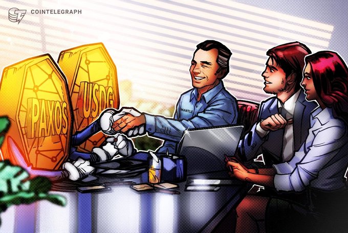 A Cointelegraph cartoon illustration depicting a man labeled 'Mantle' shaking hands with robot-like figures labeled 'PAXOS' and 'USDC', while two business professionals observe with laptops.