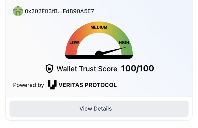 A wallet trust score interface showing a gauge pointing to 'HIGH' for address '0x202F03fB...Fd890A5E7' with a perfect Wallet Trust Score of 100/100, powered by VERITAS PROTOCOL.