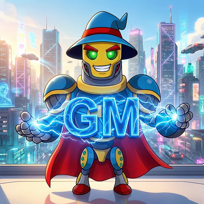 An animated robot character wearing a blue wizard hat and red cape channels blue electricity through its hands while holding glowing 'GM' letters in a futuristic city setting.