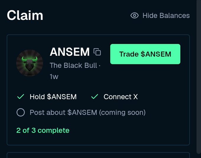A "Claim" screen shows ANSEM, "The Black Bull," with 2 of 3 tasks complete (Hold $ANSEM and Connect X checked), with only "Post about $ANSEM" remaining as "coming soon." This aligns with the post highlighting the three requirements needed to complete the claim process.