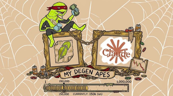 A cartoon 'Degen Apes' style NFT artwork featuring a mutant reptilian character holding a water bottle on a frame displaying 'Claude' branding, with a banner reading 'MY DEGEN APES' and a token counter showing 150,000/1,000,000.