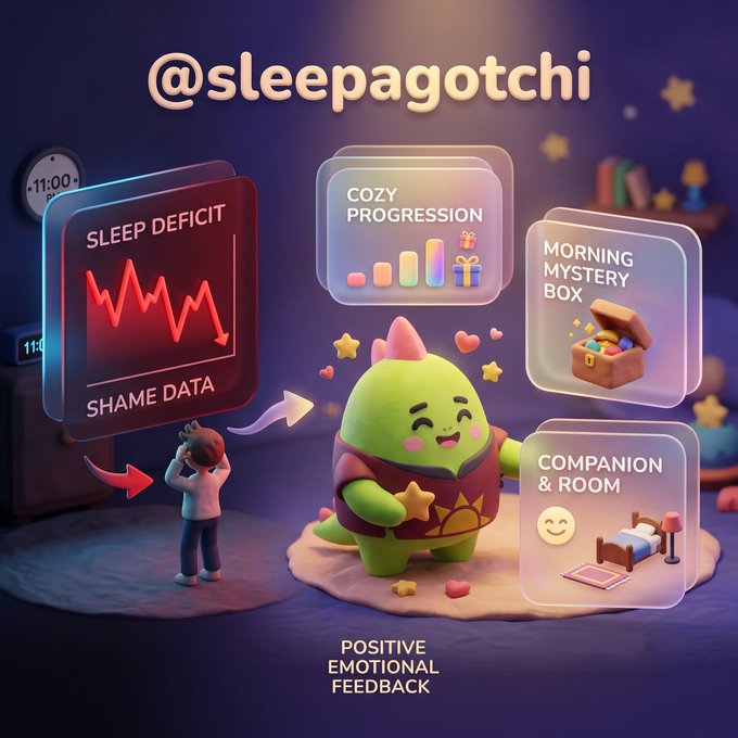 A 3D rendered promotional image for @sleepagotchi showing a sad figure with "SLEEP DEFICIT SHAME DATA" transforming into a happy green dinosaur character surrounded by UI panels for "COZY PROGRESSION," "MORNING MYSTERY BOX," and "COMPANION & ROOM," with the text "POSITIVE EMOTIONAL FEEDBACK."