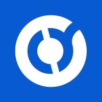 A blue square logo featuring a white stylized circular design with a central dot.