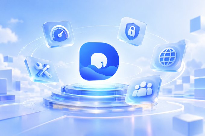 A digital graphic displaying a blue app icon surrounded by floating 3D translucent icons representing tools, security, web, users, and analytics on a podium against a cloudy sky background.