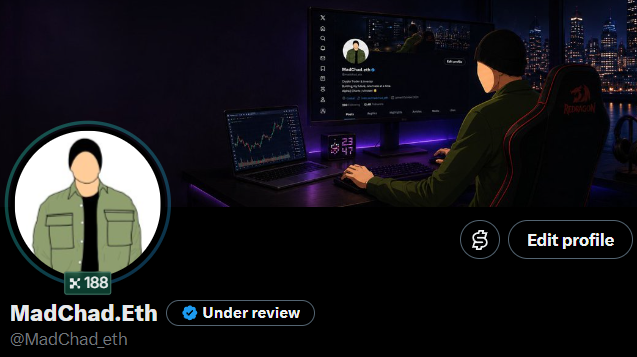 A profile page for "MadChad.Eth" (@MadChad_eth) shows an illustrated avatar with a level "188" badge, marked as "Under review," alongside a background image of someone working at a multi-monitor trading setup.
