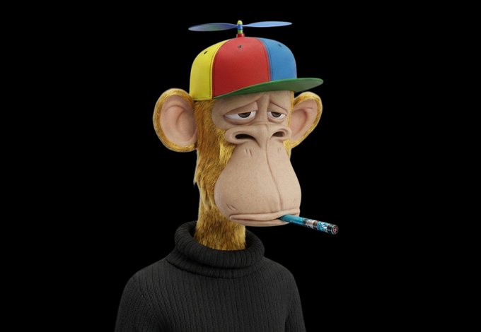 A 3D-rendered monkey character wears a colorful propeller cap and a black turtleneck while smoking a cigar.