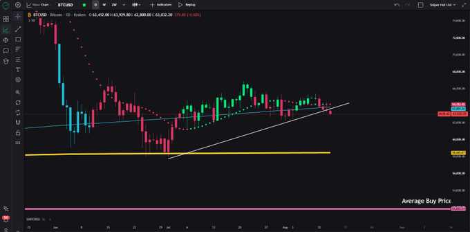 A daily candlestick chart for BTCUSD on Kraken shows the price trading around $63,412 after a recent decline, with a 24-hour change of -0.40% ($-79.60). Technical indicator lines are drawn in yellow, pink, and blue, with the price appearing to challenge the blue support level near $62,800, consistent with the post's observation about Bitcoin trending below that line.