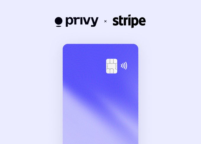 A promotional graphic features the logos 'privy x stripe' at the top, with a purple gradient credit card displaying a contactless payment chip symbol in the center.