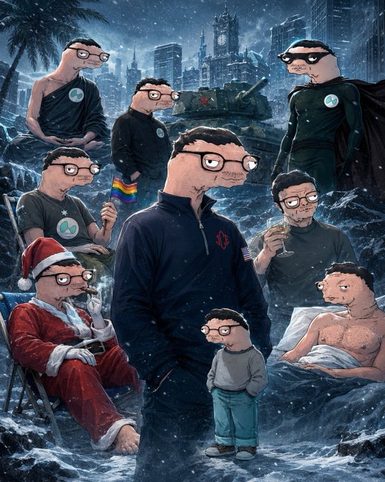 A dark, stylized illustration parodying a superhero movie poster, featuring multiple variations of a cartoon character with glasses in various outfits (Santa suit, cloak, casual) standing in a snowy, war-torn cityscape with tanks and the Pride flag.