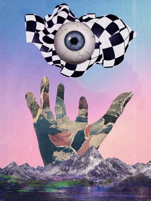 A surreal collage artwork featuring a large blue eyeball surrounded by a black-and-white checkered cloud, a textured hand reaching upward, snow-capped mountains, and water below against a pink and blue gradient sky.