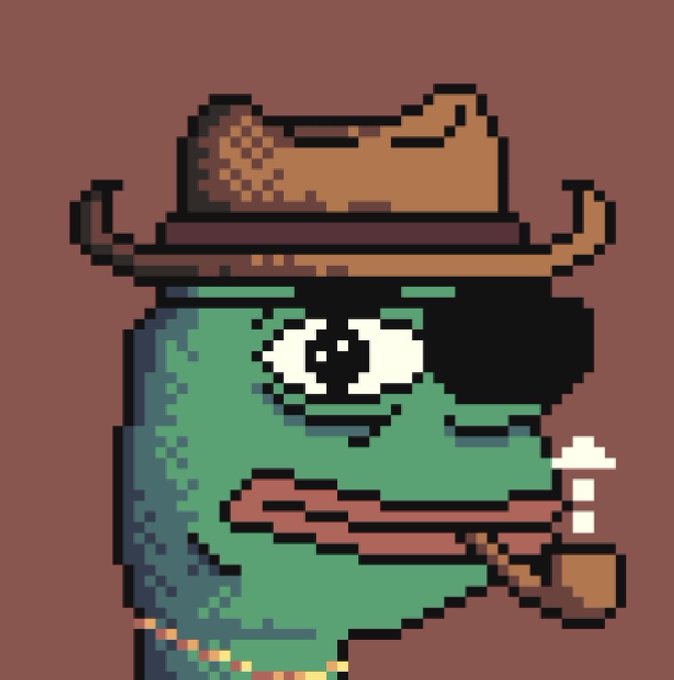 Pixel art depicting a green character wearing a brown cowboy hat and an eye patch, smoking a pipe.