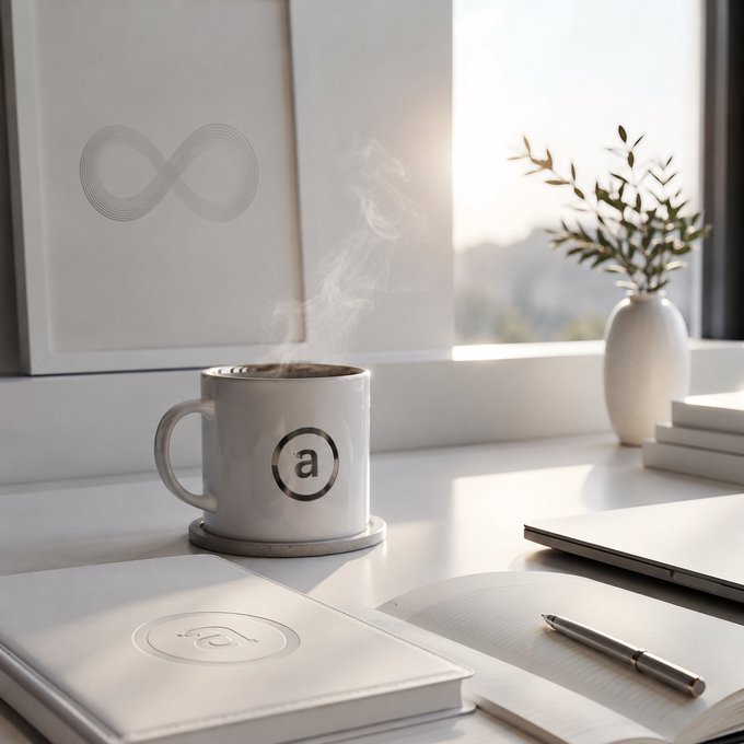A steaming white coffee mug with an 'a' logo sits on a desk by a window, surrounded by notebooks, a pen, and a vase with greenery, with an infinity symbol artwork on the wall behind.