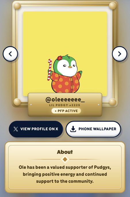 A digital profile card displaying a cartoon penguin mascot in a red coat holding a candy cane, with the username '@oleeeeeee_' and 'PFP ACTIVE' status.