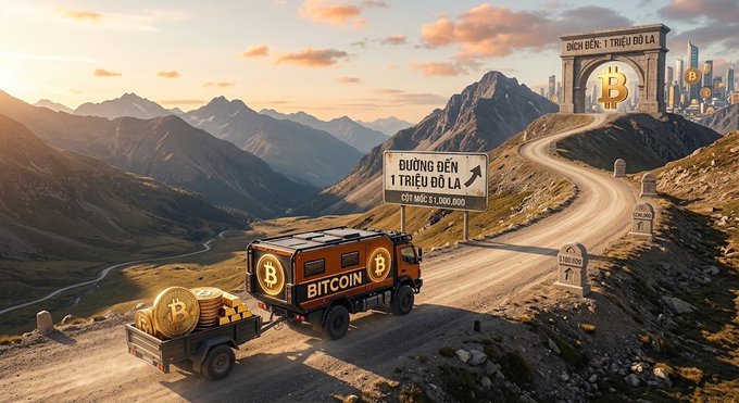 The image depicts a truck hauling Bitcoin coins along a winding mountain road toward a "Bitcoin 1 Triệu Đô La" ($1 Million) gateway, symbolizing the journey and perseverance from Bitcoin's humble $585 price in 2016 to its current value, with a sign noting "1 Triệu Đô La" as the next milestone and "13,000%" growth marked on a roadside plaque.