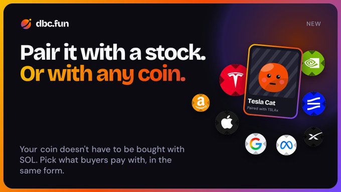 An advertisement for 'dbc.fun' with the headline 'Pair it with a stock. Or with any coin.' features an orange card labeled 'Tesla Cat' surrounded by various company logos including Tesla, NVIDIA, Apple, and Google.