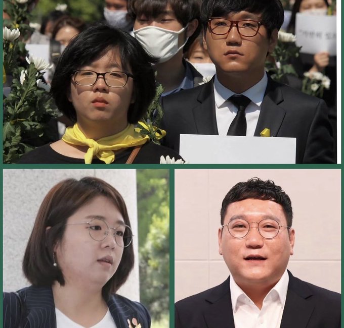 A composite image shows four people in separate panels: the top panel features a young woman with glasses and a yellow ribbon alongside a man in a suit and glasses holding a white sign, with other masked individuals visible behind them; the bottom-left panel shows a woman with short hair and round glasses in a blazer; and the bottom-right panel displays a man with glasses in a dark suit, with no visible text or numbers in the image itself to connect with the accompanying post about doing well and something being delicious.